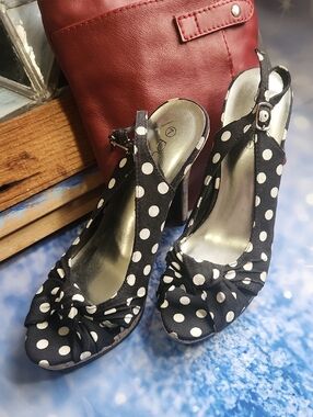 Pulse Black & White Polka Dot Peep-Toe Slingback Heels